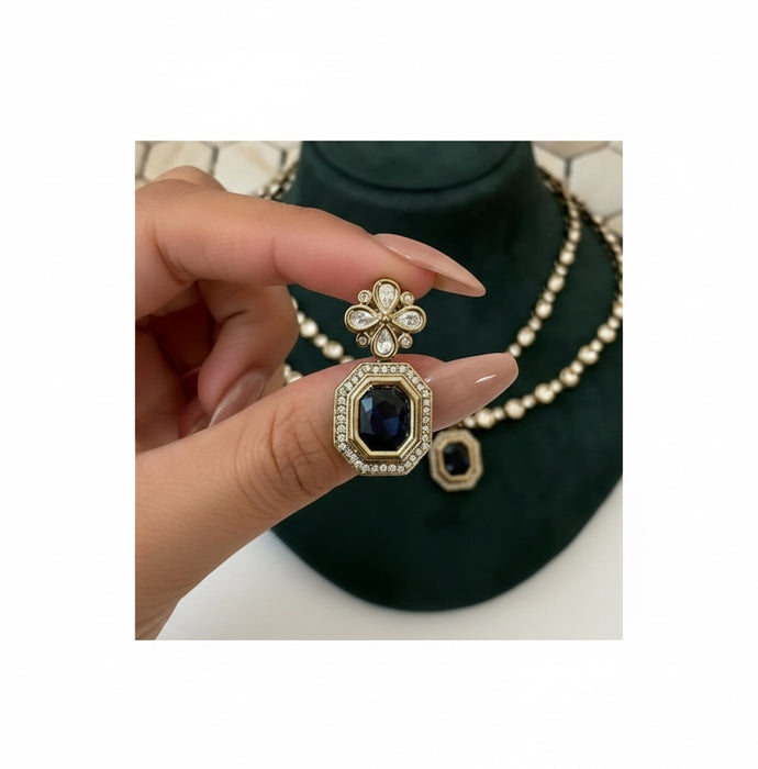 Navy Blue Kundan Necklace Set: Necklace and Earring Set