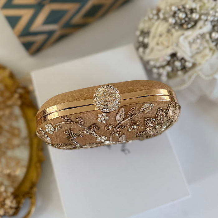 Gold Peacock Zardozi Embroidered Clutch|Gold Evening Bag