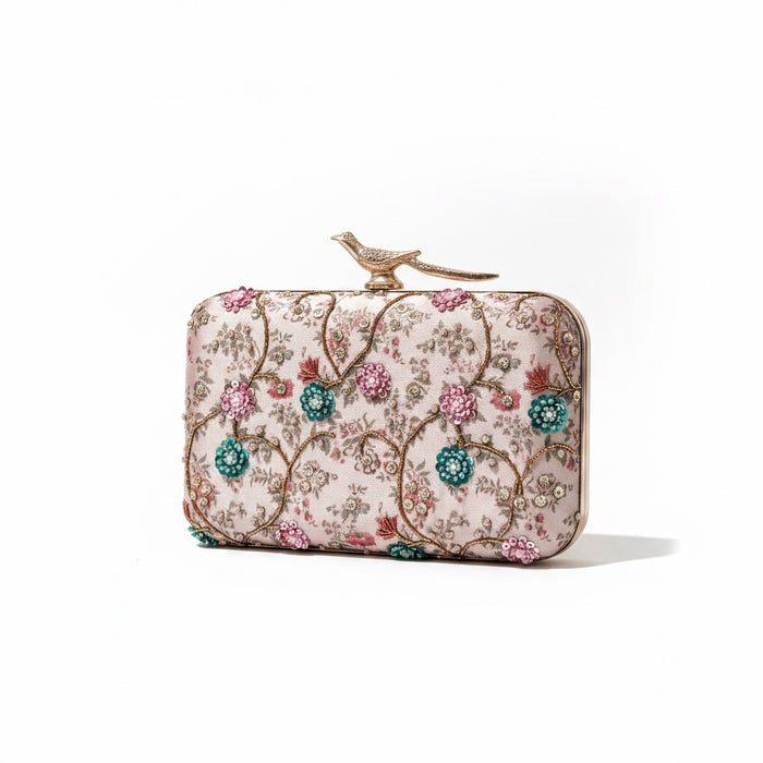 Multi-Color Floral Motif Hand-Embroidered Clutch