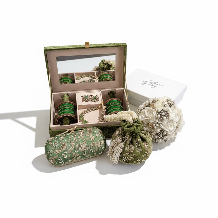 Olive Green Zardozi Work Trousseau Box - Bird Theme Keepsake Box