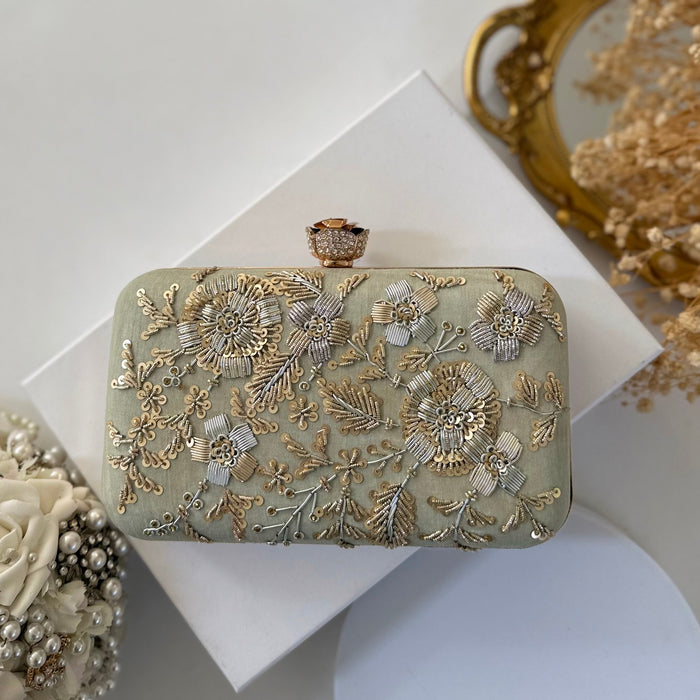 Sage Green Handcrafted Clutch | Dual Tone Zardozi Work