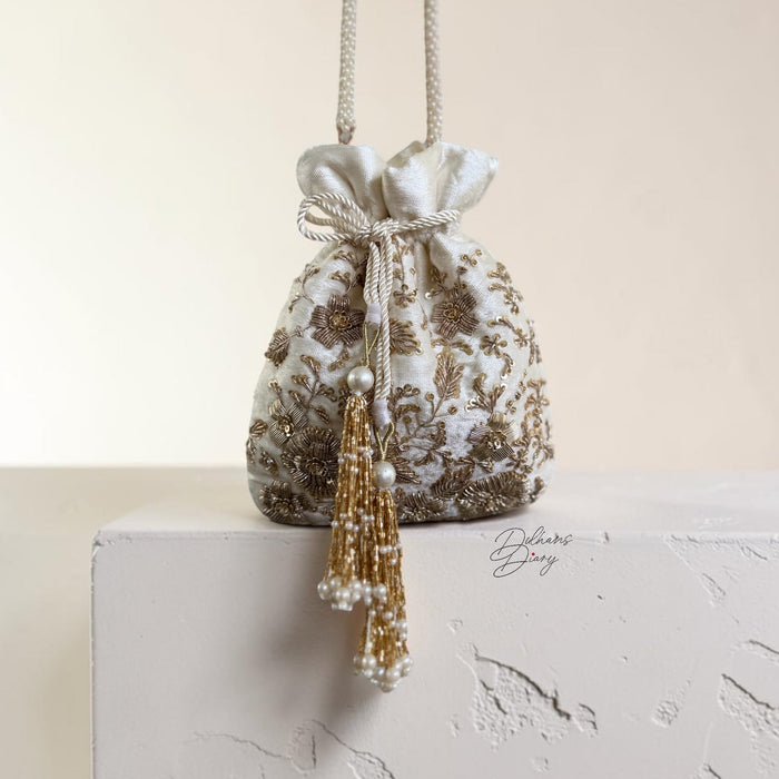 Ivory Zardozi Work Bridal Potli Bag: Wedding Evening Bag