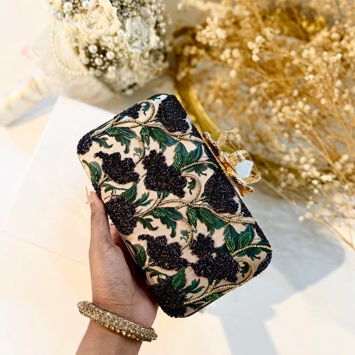 Dark Purple Floral Clutch | Hand-Embroidered Floral Evening Bag