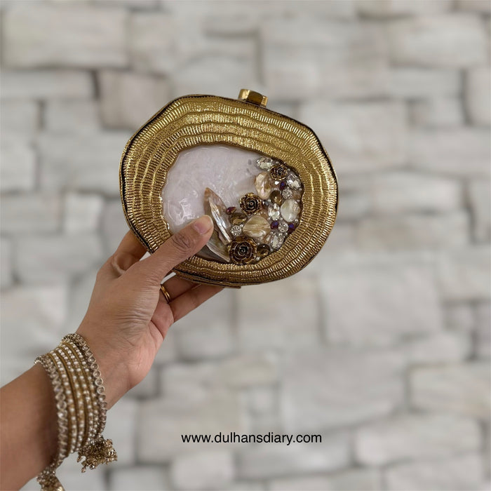 Floral Mother of Pearl Clutch in Ivory with Brass Frame