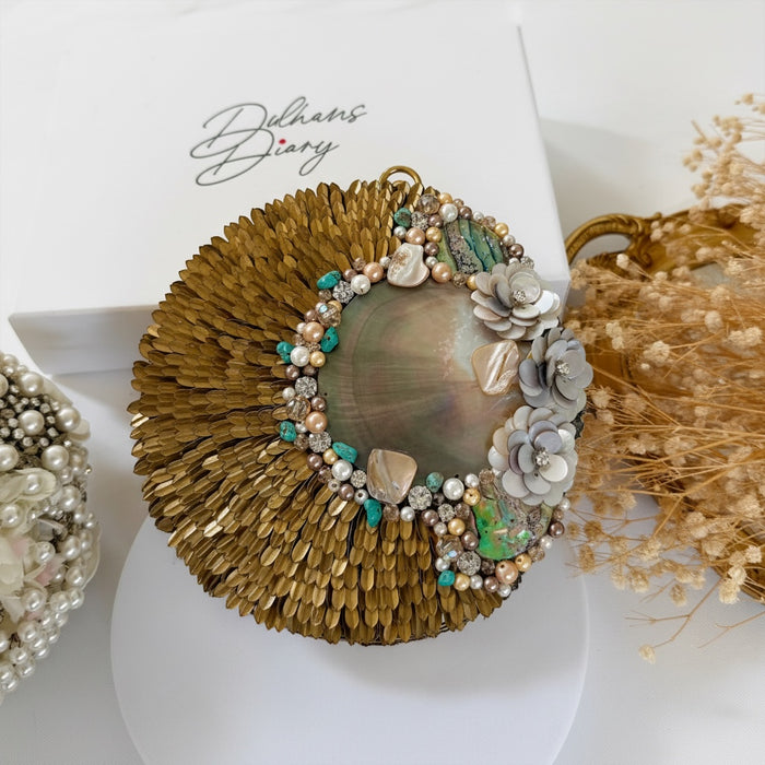 Brass Statement Clutch | Natural Shell, Turquoise Gemstones & Mother of Pearl