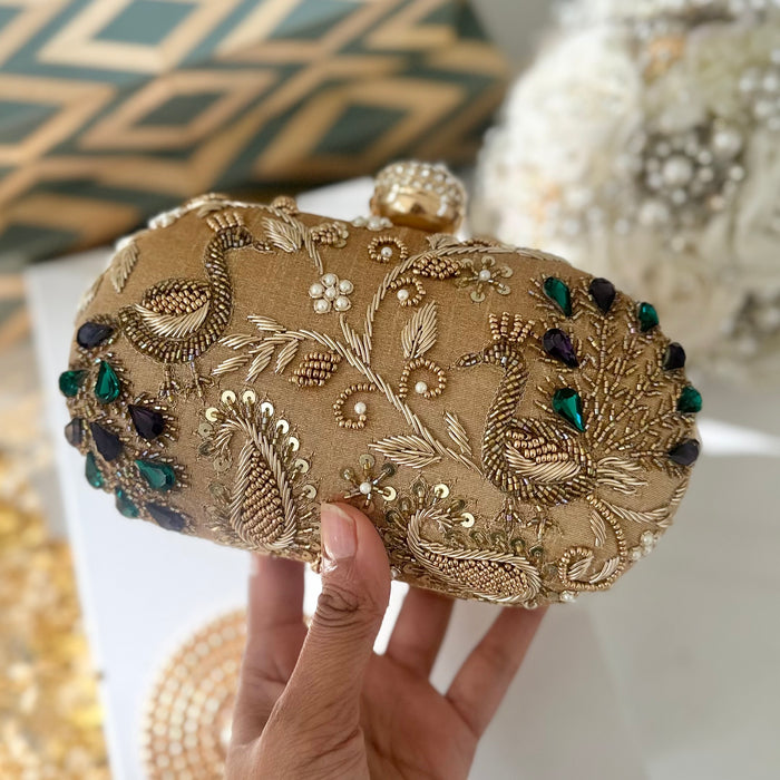Gold Peacock Zardozi Embroidered Clutch