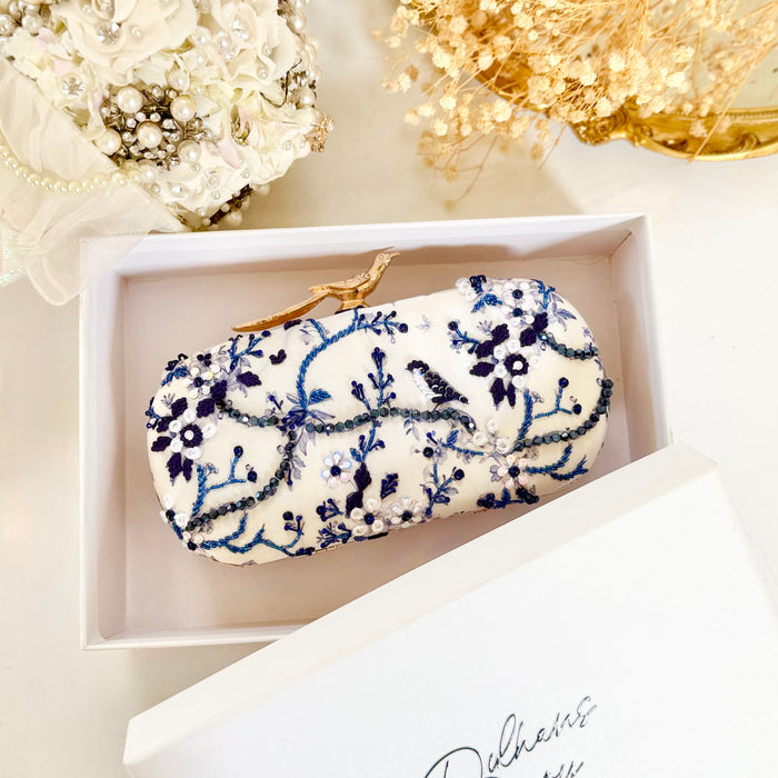 Floral Zardosi Bridal Clutch: Navy Blue Printed Wedding Clutch With Bird Knob