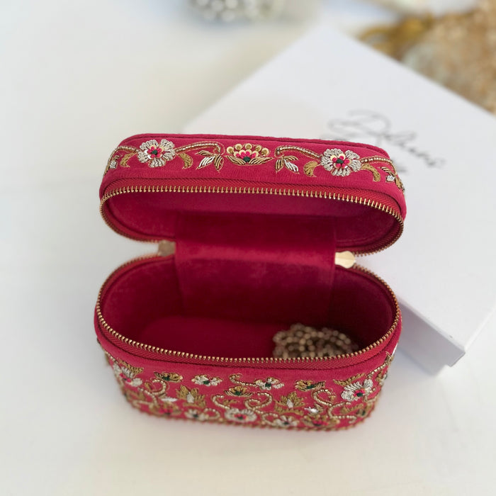 Fuchsia Vanity Case Bag | Hand Embroidered Suede Bridal Bag