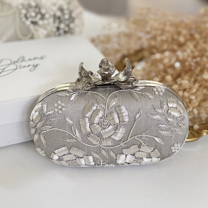 Silver Floral Zardosi Clutch: Raw Silk Bridal Evening Bag