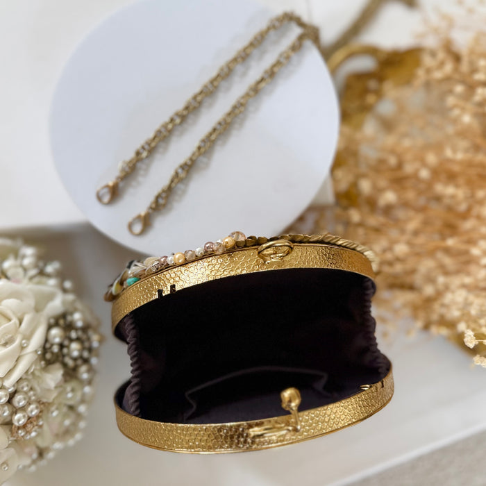 Brass Statement Clutch | Natural Shell, Turquoise Gemstones & Mother of Pearl