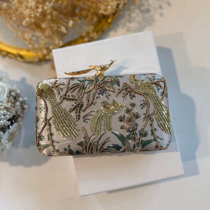 Sage Green Peacock Clutch | Hand-Embroidered Clutch With Bird Knob