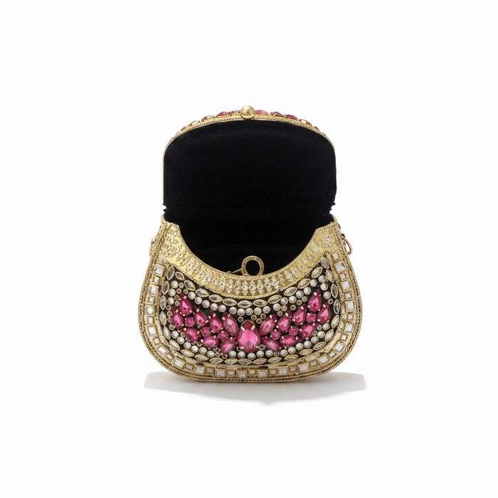 Hot Pink Kundan Mini Clutch: Metal Statement Bag