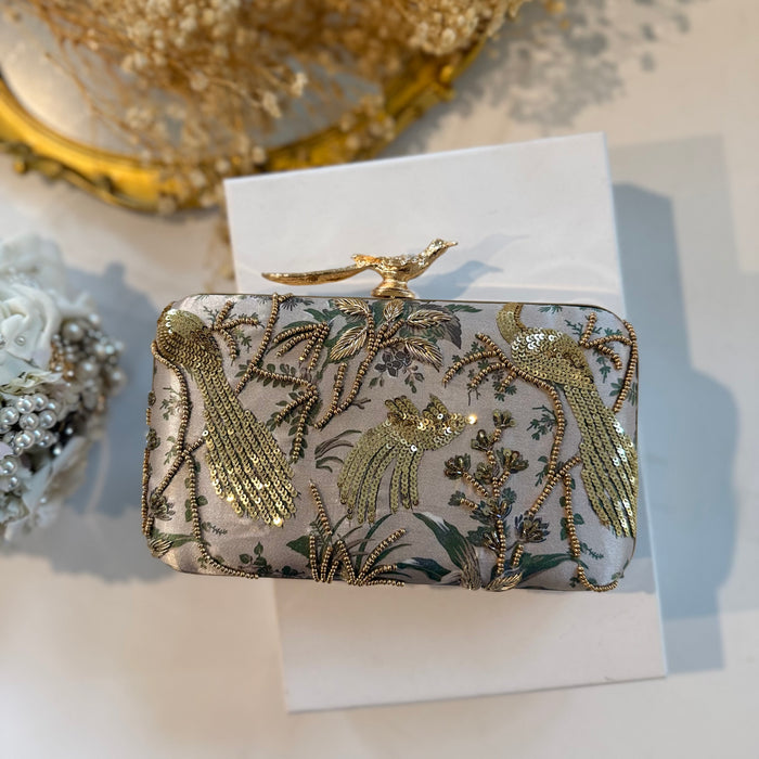 Sage Green Peacock Clutch | Hand-Embroidered Clutch With Bird Knob