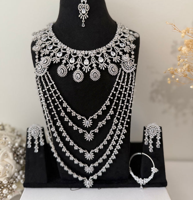 Silver Ad Bridal Necklace Set- Layered Necklaces with Earrings, Tikka and Naath