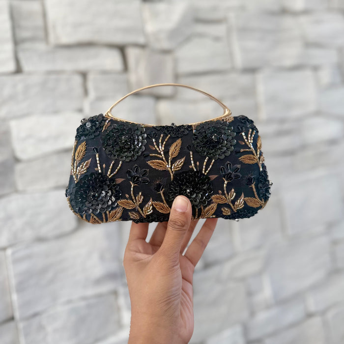Midnight Blue Floral Clutch: Hand-Embroidered Top Handle Bag