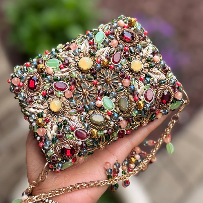 Multicolor Hand-Embroidered Mini Kundan Clutch