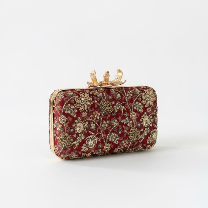 Rusty Red Hand-Embroidered Clutch Bag |Printed Floral Purse