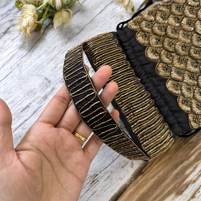 Black Potli Bag – Antique Gold Zardosi Work Evening Bag