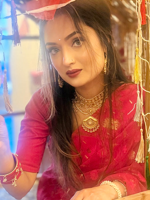 Gold Plated Bridal Necklace Set - Choker Set with Earrings and Tikka