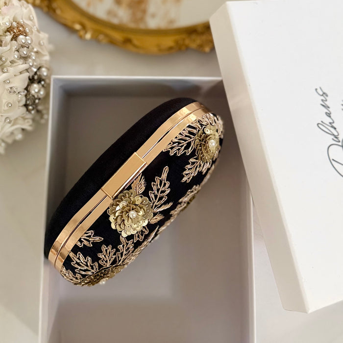 Black Evening Clutch Bag | Traditional Zardosi & Sequins Work Purse