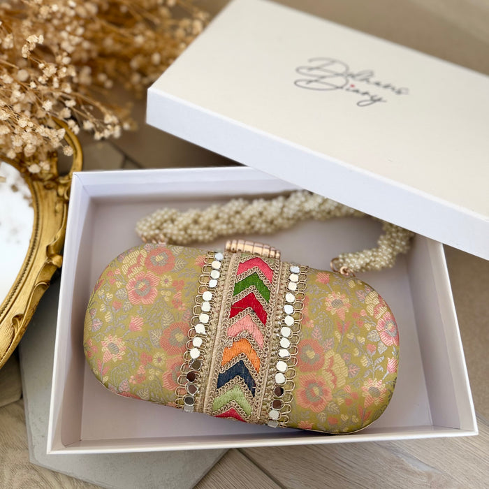Handmade Banarasi Clutch: Banarasi Ethnic Clutch with Beaded Handle