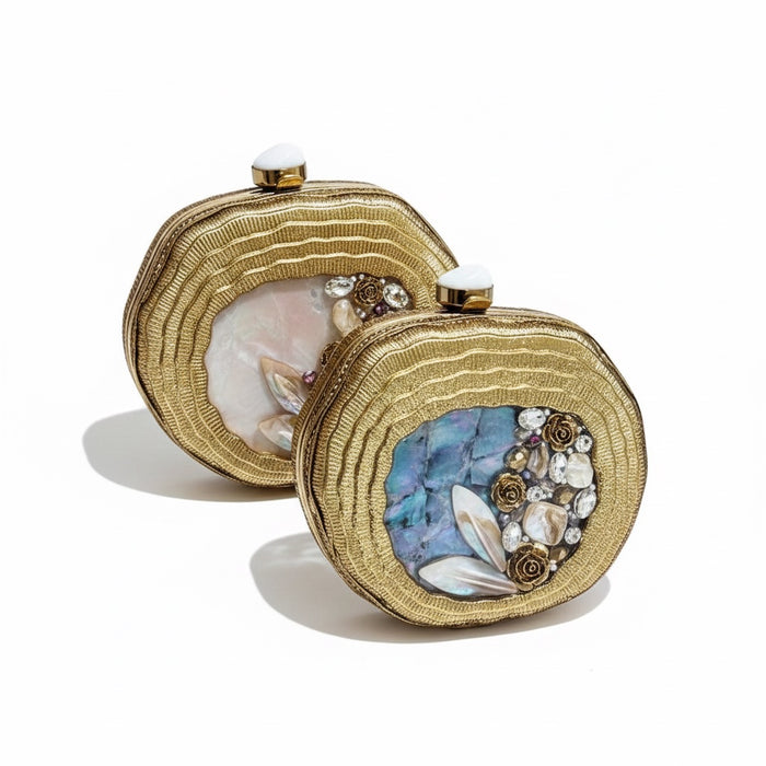 Floral Mother of Pearl Clutch in Blue with Brass Frame