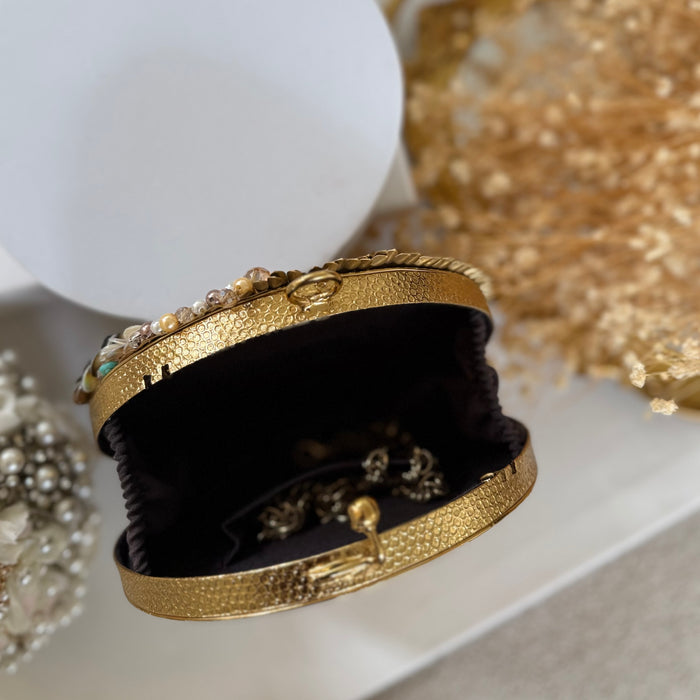 Brass Statement Clutch | Natural Shell, Turquoise Gemstones & Mother of Pearl