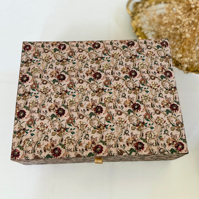 Gold Embroidered Bridal Trousseau Box | Hand-Emroidered Keepsake Storage Box