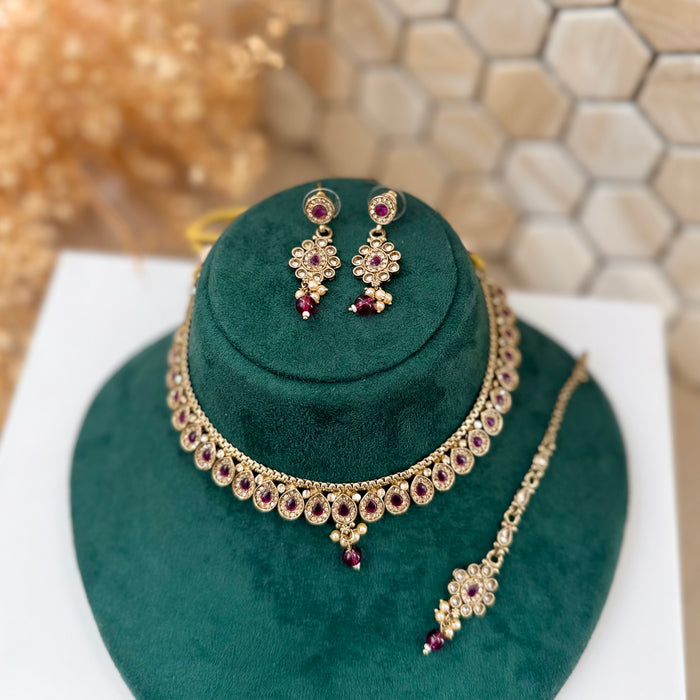 Indian Gold Plated Jewelry Set: Minimalist Bridal Necklace, Earrings and Tikka Set