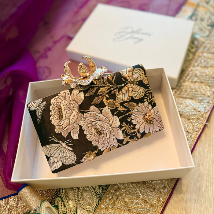 Black & Blush Rose Butterfly Clutch | Floral Evening Bag