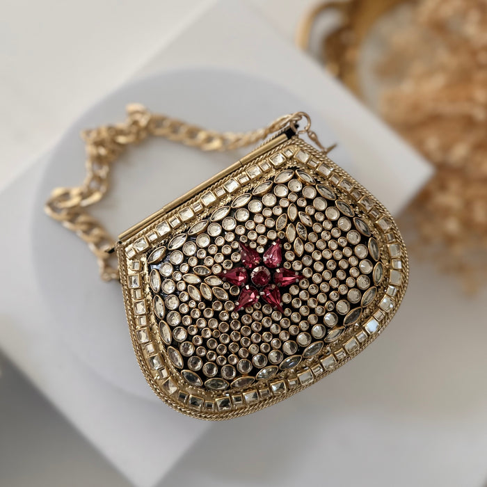 Hot Pink Kundan Mini Clutch: Metal Statement Bag