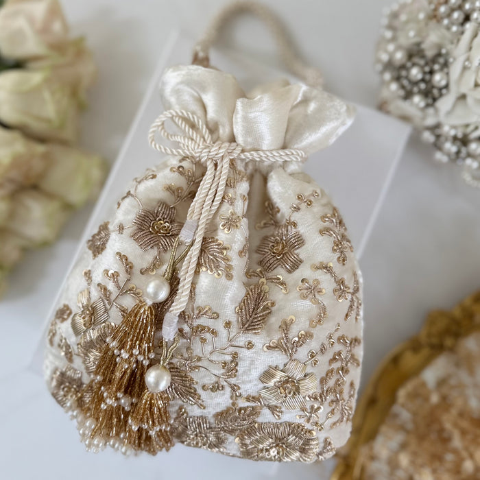 Ivory Zardozi Work Bridal Potli Bag: Wedding Evening Bag