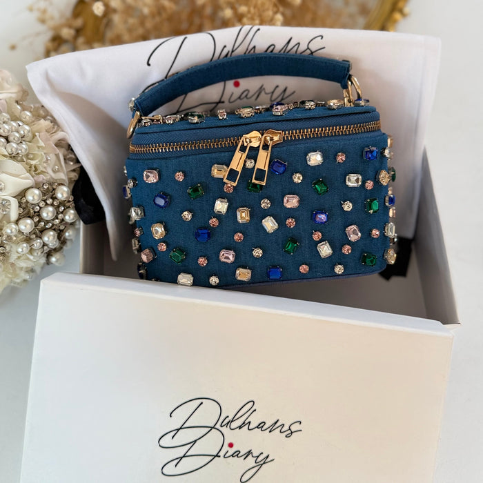 Denim Vanity Case Bag | Multicolor Rhinestones Bag