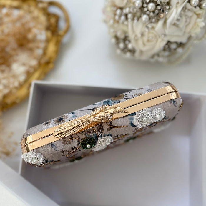 Gray Floral Hand-Embroidered Clutch Bird Knob 