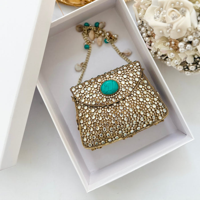 Natural Turquoise Gemstone Mini Clutch | Kundan Detailing on Brass Frame