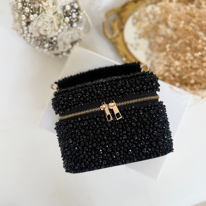 Black Crystal Vanity Case Bag | Suede Bridal Evening Bag