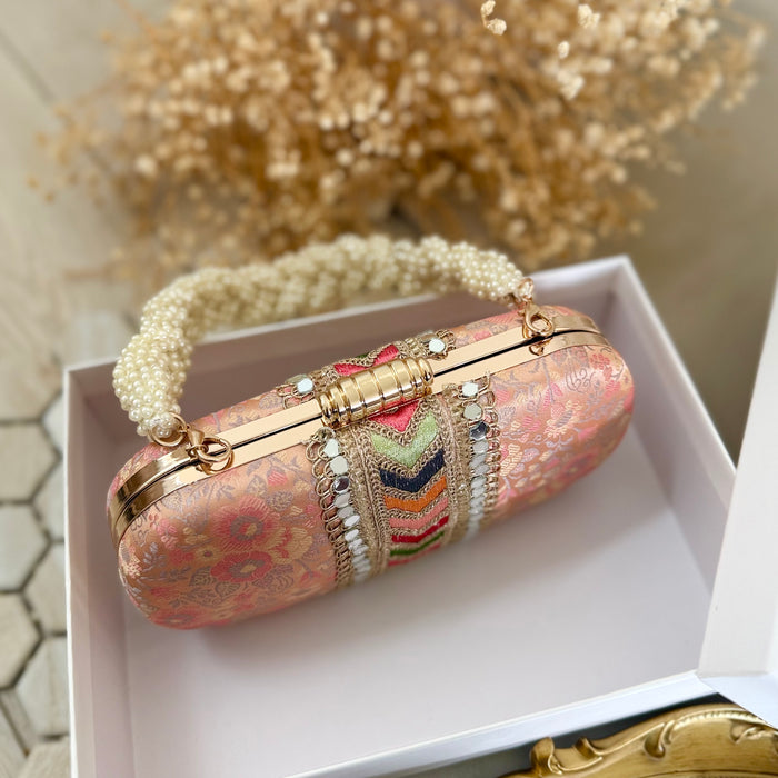 Multi-Color Banarasi Clutch: Banarasi Ethnic Clutch with Beaded Handle