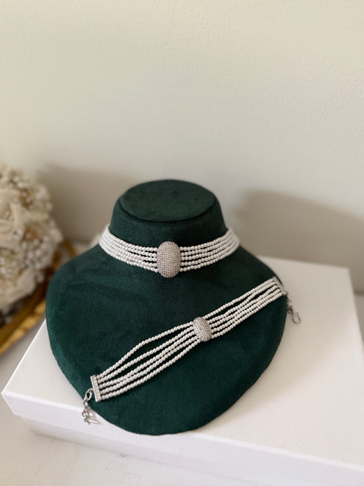 Silver Finish Indian Choker Set- Choker, 2 Sets of Earrings, Ring & Bracelet
