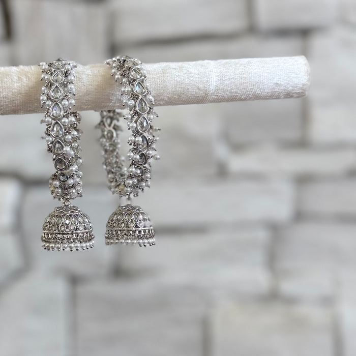 Silver Pearl Polki Bridal Bangle Set with Jhumka