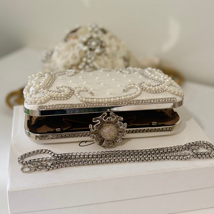 Ivory Beaded Bridal Clutch: Raw Silk Wedding Evening Bag With Silver Embroidery