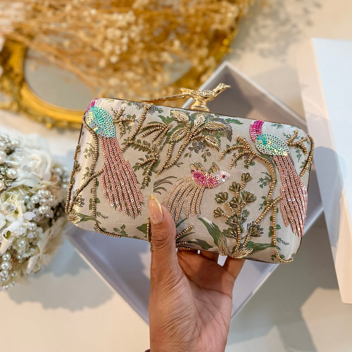 Multicolor Peacock Clutch | Hand-Embroidered Clutch With Bird Knob