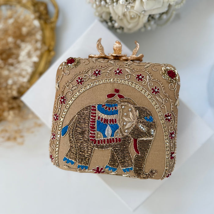 Mughal Inspired Clutch | Zardozi Elephant Motif & Large Flower Knob