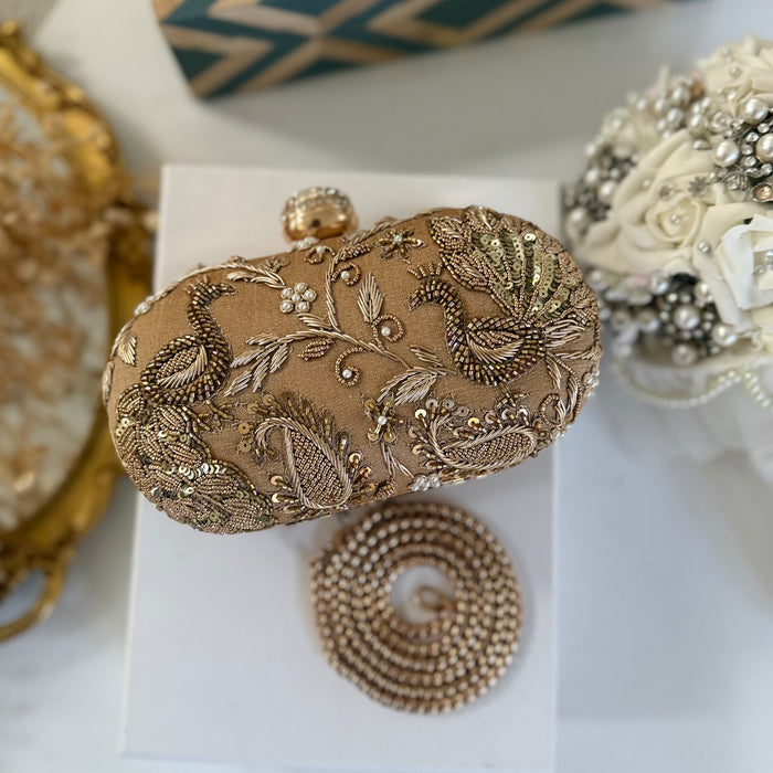 Gold Peacock Zardozi Embroidered Clutch|Gold Evening Bag