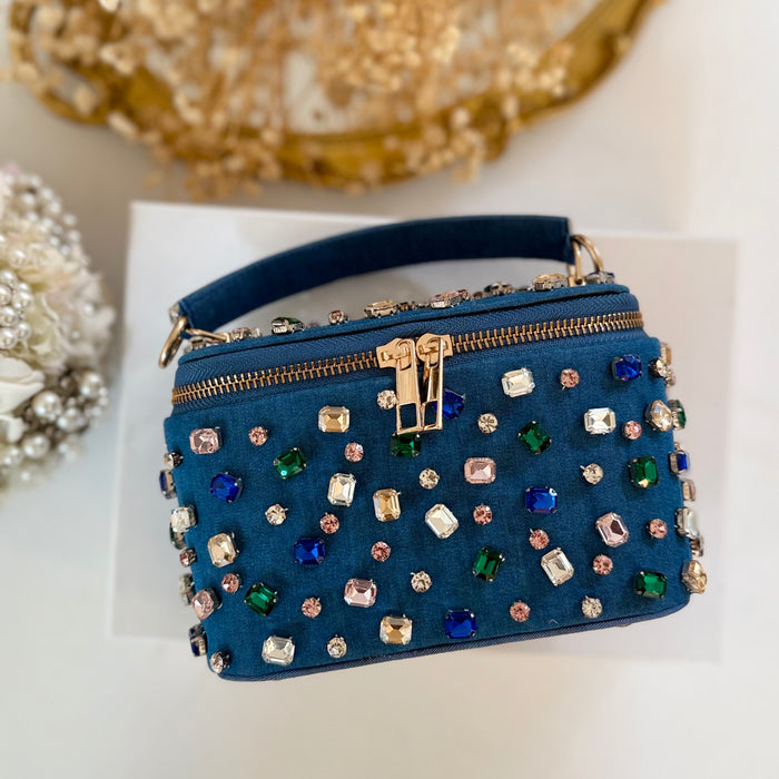 Denim Vanity Case Bag | Multicolor Rhinestones Bag