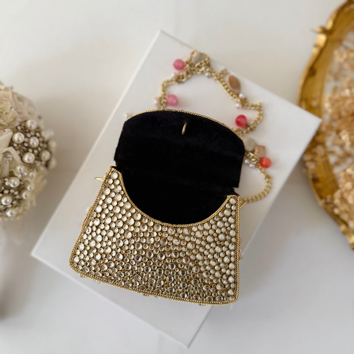 Natural Fuchsia Onyx Gemstone Mini Clutch | Kundan Detailing on Brass Frame