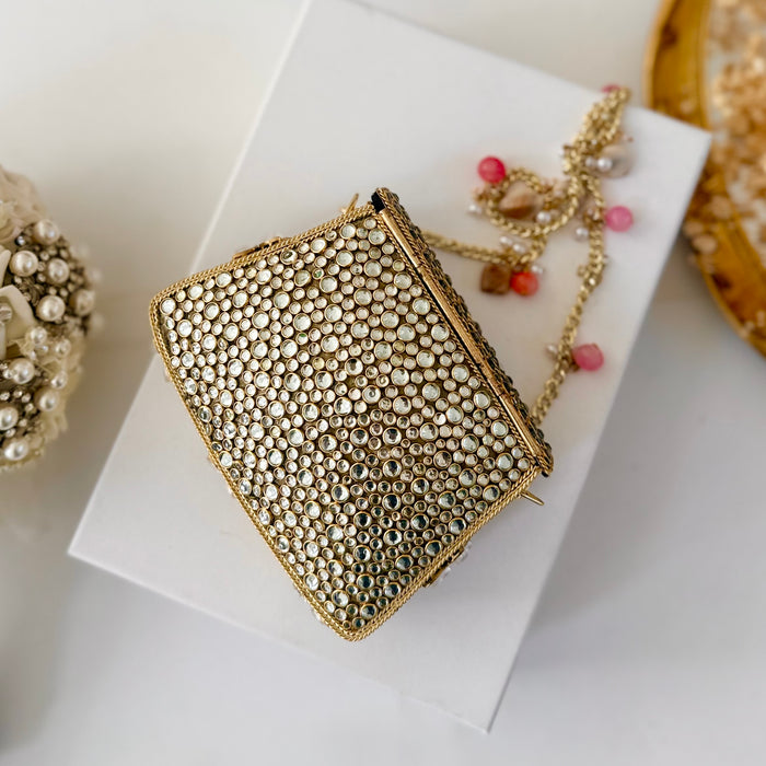 Natural Fuchsia Onyx Gemstone Mini Clutch | Kundan Detailing on Brass Frame
