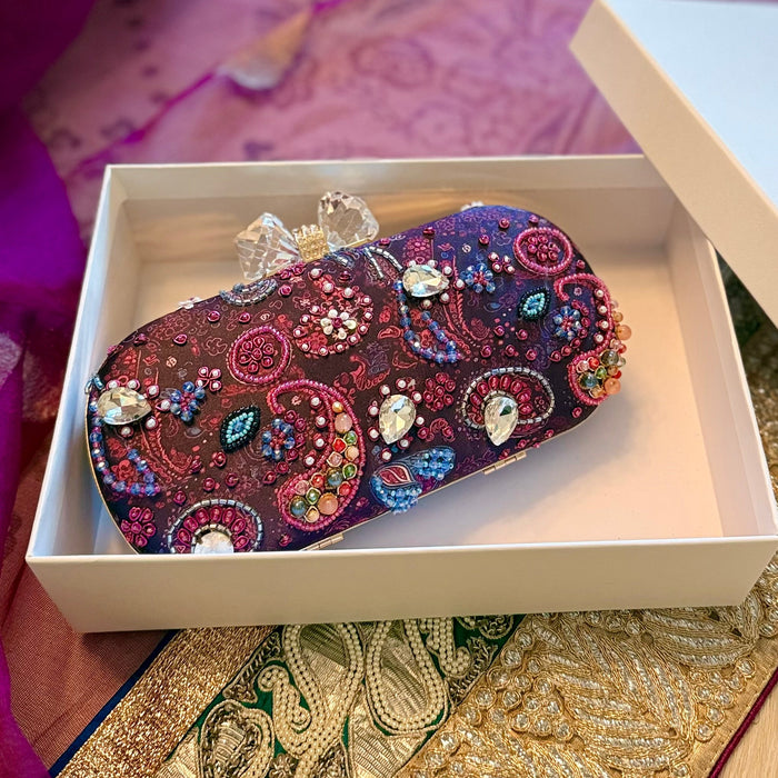 Purple Paisley Clutch | Hand-embroidered Bridal Clutch Bow Clasp