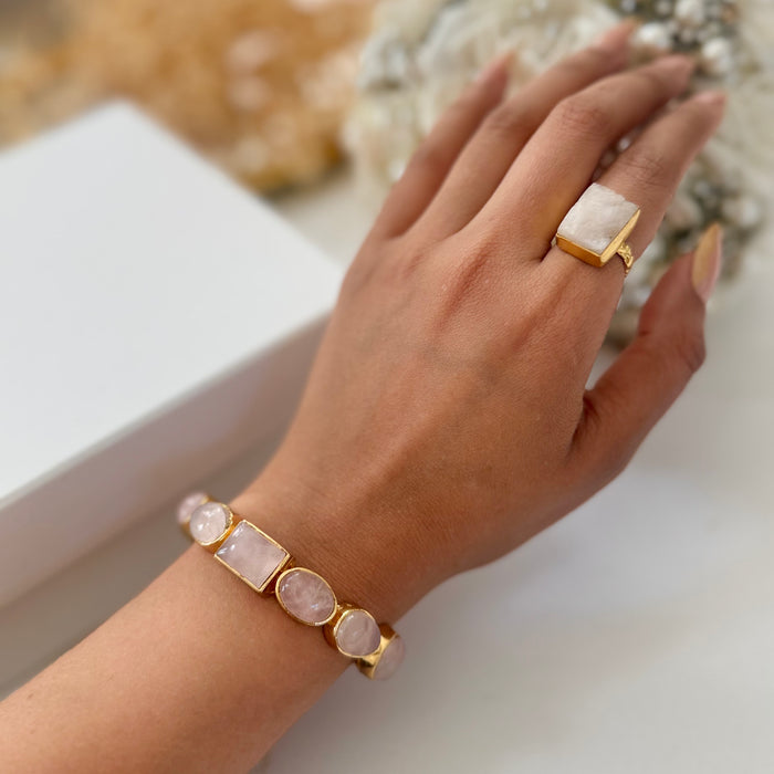 Natural Rose Quartz Ring with Brass - Statement Jewelry