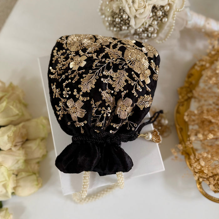 Black Zardozi Work Bridal Potli Bag: Wedding Evening Bag
