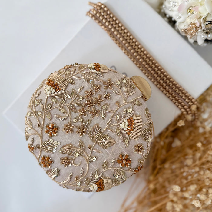 Beige Round Shape Mini Clutch: Handmade Statement Bag